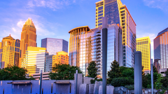 Photo of the Charlotte Skyline from Romare Bearden Park.