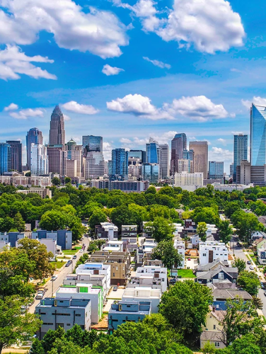 Drone aerial shot of downtown Charlotte, North Carolina in the daytime